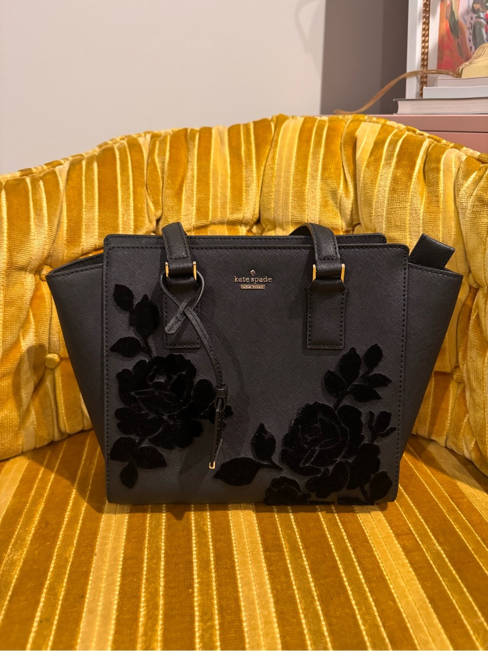 kate spade Black Velvet Floral Appliqué Tote